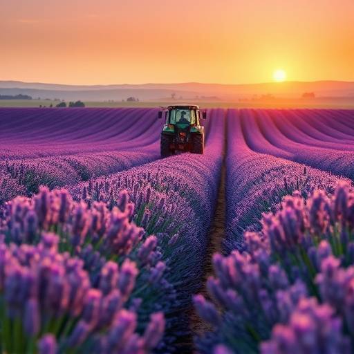 Champ de lavande avec un tracteur au loin à Valensole
