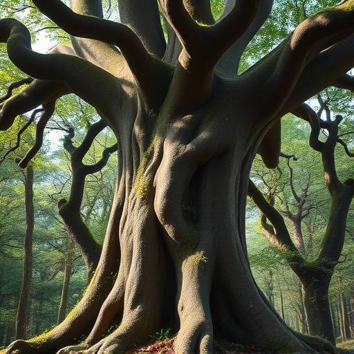 Gros plan sur un arbre centenaire dans la forêt de Brocéliande, symbole de sagesse et de longévité